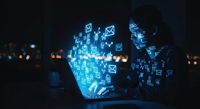 Woman uses laptop at night with illuminated digital communication icons suggesting connectivity and digital information technology - Powered by Adobe