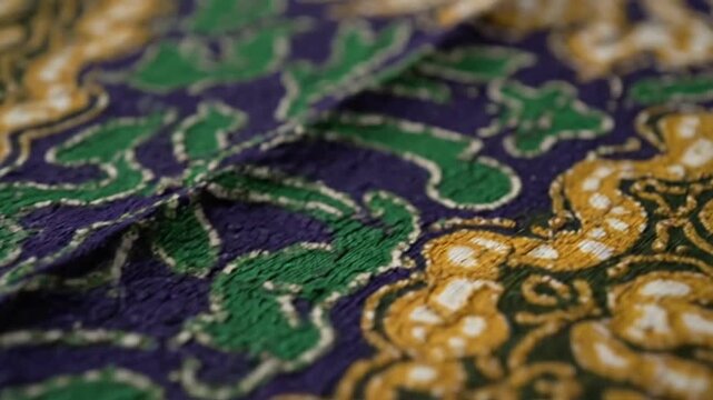 Close-up of a vibrant batik textile, showcasing intricate patterns and rich colors.