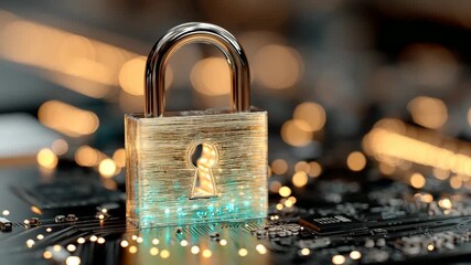 Cybersecurity Shield A glowing digital padlock protects a computer motherboard. A powerful symbol of data privacy and encryption. Ideal for tech intros and security presentations. - Powered by Adobe