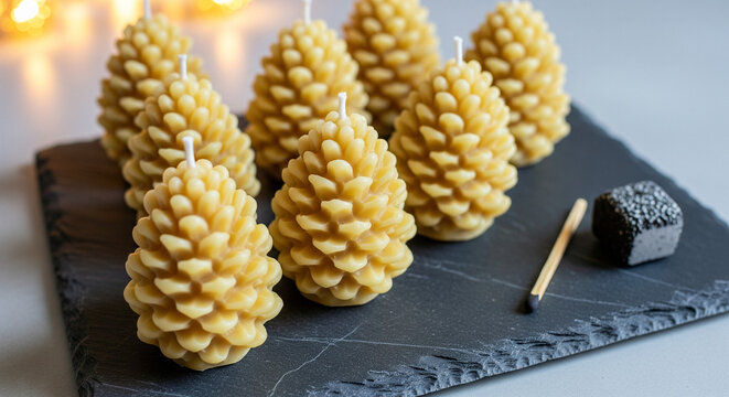 Natural Beeswax Candles: Pine Cone Shaped for Holiday Decor
A high-angle, close-up shot of several handmade candles molded into the shape of pine cones. The candles are a rich - Powered by Adobe