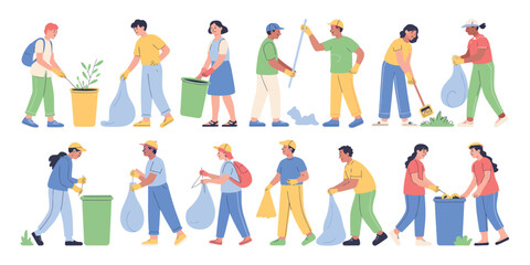 Diverse group of people cleaning up litter and recycling in a park