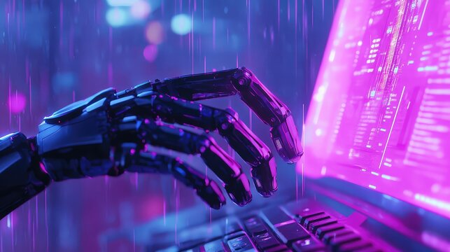 Robot hand typing on laptop with glowing code