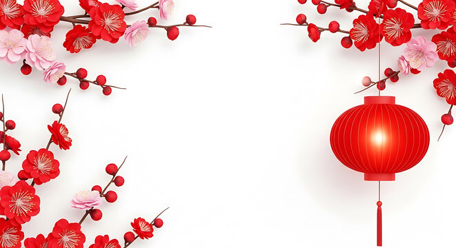 Red lantern and flowers isolated on white background for chinese new year celebration decoration