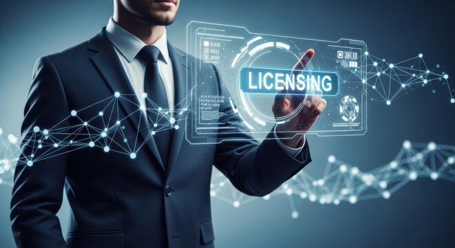 Businessman interacts with digital licensing technology and data networks highlighting modern business and innovation