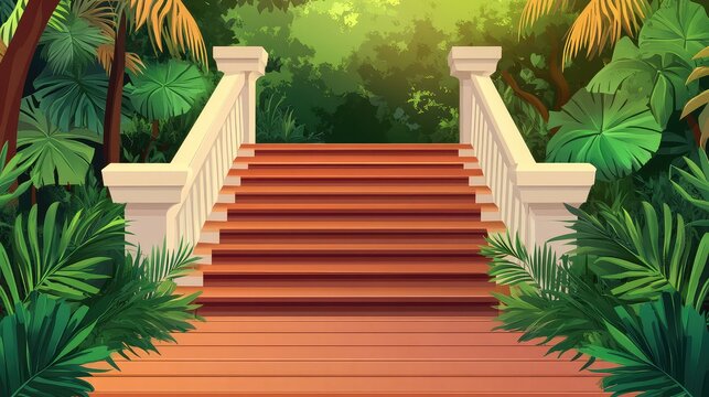 Red steps heading into lush tropical forest garden - Powered by Adobe