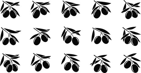 Black olive branch silhouette collection with leaves and fruits, natural botanical vector icons for organic food design and Mediterranean illustration” © Bappi Creatives