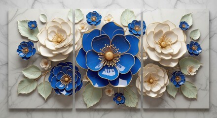 A stunning triptych of white and blue flowers with golden accents on a marble background, creating a luxurious and elegant wall art piece
