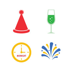 New year's eve party icons: party hat, champagne, midnight clock, fireworks, celebration symbols Vector, illustration