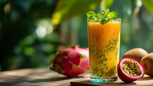 A glass of tropical fruit smoothie with mint garnish and exotic fruits on a wooden surface outdoors