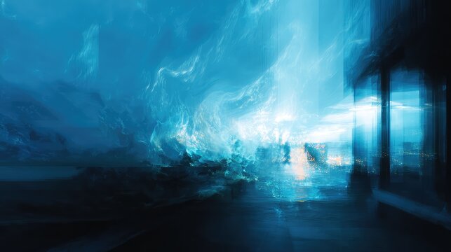 Abstract blue energy flowing across modern cityscape