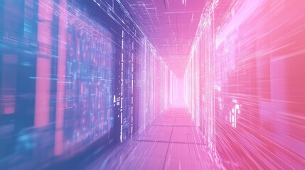 Digital data moving through a futuristic server corridor