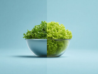 Fresh, vibrant lettuce in a bowl, half one type, half another. Creative food concept, split composition on clean background. Health, diet, nutrition uses.
