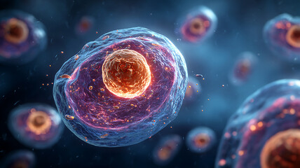 Microscopic view of a human cell, biological organism, cellular structure, nucleus, organelles