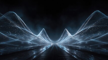 Digital data stream flowing over abstract waves surface