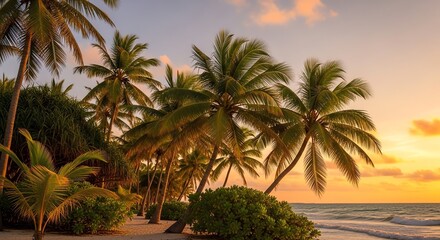 Obraz premium Palm trees on beach at sunset