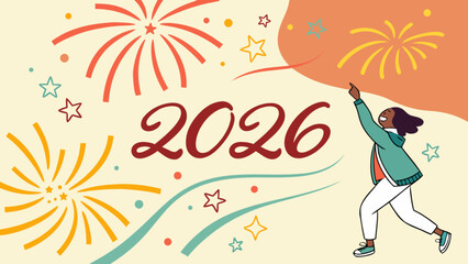 Happy new year celebration design with fireworks and woman celebrating the year of 2026 vector art