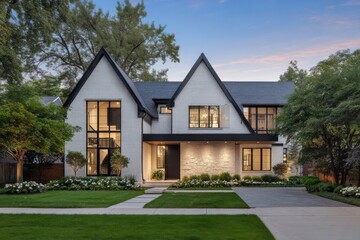 The contemporary architectural design of a spacious home features a beautifully landscaped front yard, all set against a stunning sunset backdrop in a charming suburban neighborhood