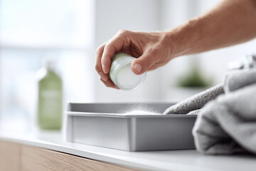 Fototapeta premium Hand pouring powder into container. Conceptual image for cleaning, beauty, health, or food preparation. Natural light, minimalist style.