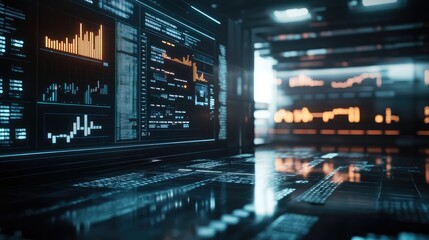 Financial big data analyzing on glowing digital screens