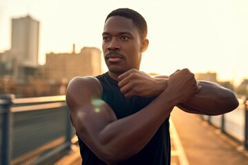 Fit black man stretches on bridge at sunset during workout session