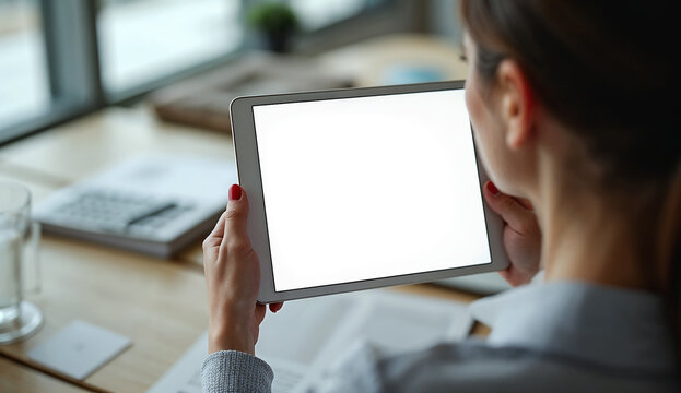 Close up of businesswoman holding tablet showing white screen on office desk