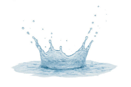 Water drop impact creating a liquid splash crown with clear blue ripples and falling droplets on a transparent background