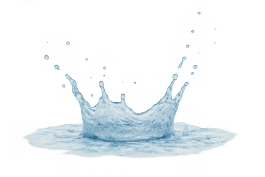 Water drop impact creating a liquid splash crown with clear blue ripples and falling droplets on a transparent background