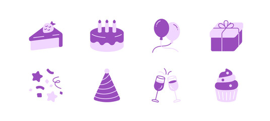 Party icon set, Balloon, gift box, confetti decoration element for Happy Birthday, New Year, Christmas, Valentine or Anniversary celebration special day. Drinks and food, champagne, cupcake icons.