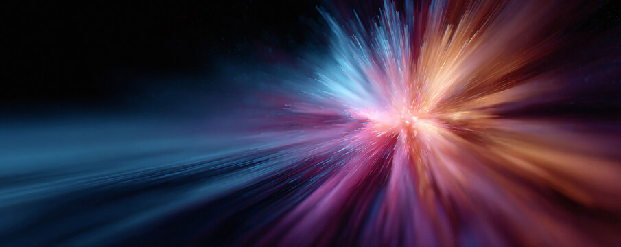 Dynamic abstract background featuring radiant light streaks in blue, pink, and orange against darkness. Perfect for conveying energy, speed, or technological advancement.