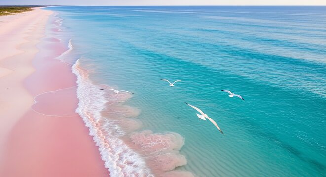Pink sand beach turquoise water and flying seagulls
