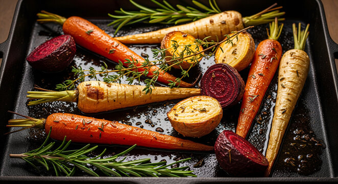 Roasted root vegetables with fresh herbs in a black cast iron pan.
A vibrant and appetizing overhead shot of a medley of assorted root vegetables, including whole and halved carrots, parsnips - Powered by Adobe