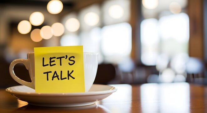 Coffee cup with “Let’s Talk” sticky note on table in cozy café, communication, conversation and meeting concept.