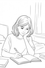 Teenage girl calmly writing in a notebook while studying in a quiet room