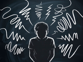Sad teenage boy drawn in chalk surrounded by chaotic scribbles symbolizing mental stress