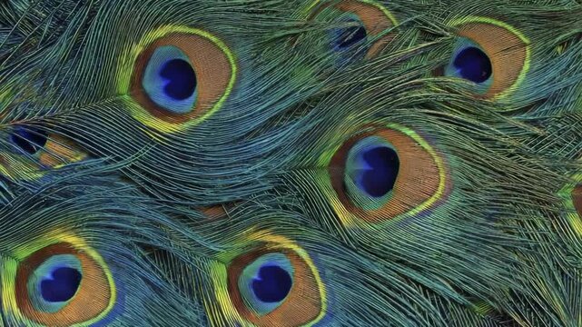 A close-up detailed view of overlapping peacock tail feathers showcasing their iridescent eye spots and intricate patterns