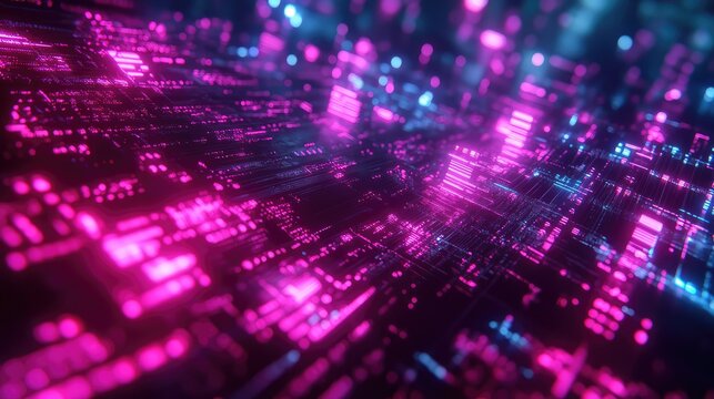 Digital city circuit board glowing neon data stream