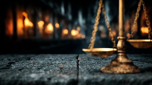 Vintage scales of justice rest on a stone table in a dramatic courtroom. A symbol of law and balance. An ideal background for legal documentaries or news about the court system.