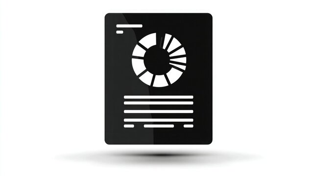 Black vector icon of a document with pie chart, on white background. Represents financial report, corporate documentation, and market summary.