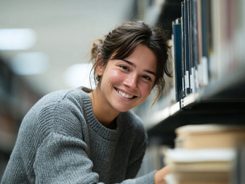 Smiling young woman surrounded by books in a library, conveying knowledge, learning, and intelligence. Ideal for education, research, and personal growth themes. - Powered by Adobe