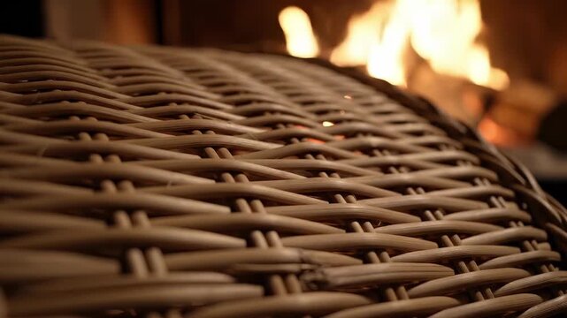 Cozy Fireplace Scene with Wicker Basket in Foreground.