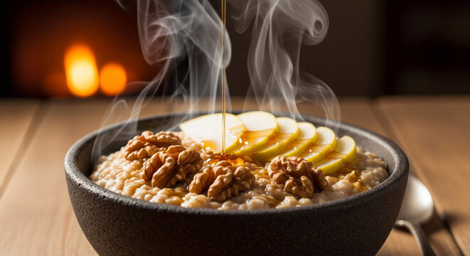 Steaming hot oatmeal with walnuts, apple slices, and honey by a fire.
A dark, rustic bowl filled with steaming hot, creamy oatmeal, perfectly topped with crunchy walnuts and thinly sliced green apples - Powered by Adobe