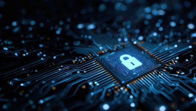 Cybersecurity concept showing a padlock icon on a computer chip highlighting digital protection and data privacy