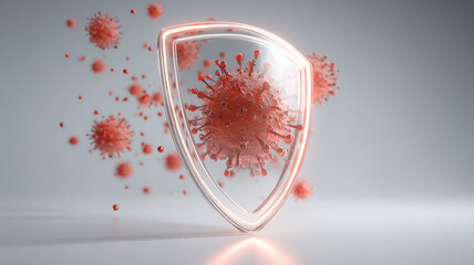 Microscopic virus particles are effectively blocked by a glowing protective shield, illustrating advanced immune defense