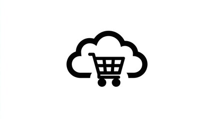 Black vector icon of a shopping cart connected with digital cloud, on white background. Represents e-commerce technology, cloud-based retail business, and online shopping platforms.