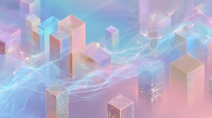 Futuristic cityscape network connecting data technology buildings