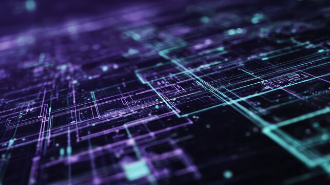 Digital circuit board network with glowing lines and data transfer