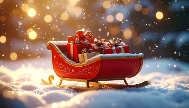 A red cartoon sleigh filled with wrapped gifts, surrounded by shimmering snowflakes and warm ambient winter lighting for a cozy festive vibe