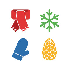 Winter season icons: scarf, snowflake, mitten, and pinecone - flat design Vector, illustration
