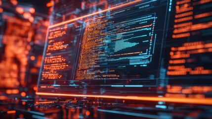 Digital screen displaying programming code and cybersecurity data