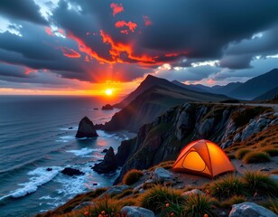 Luminous Tent Rugged Coastal Cliffs Sunset
